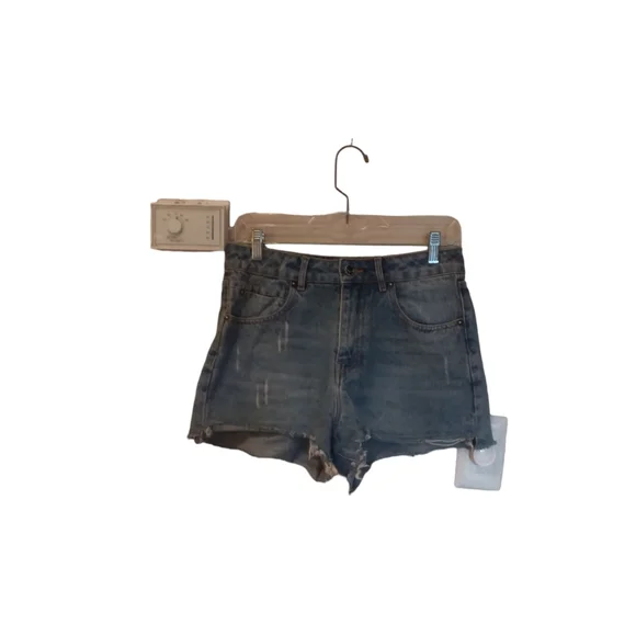 alexander wang medium wash faded distressed raw hem shorty shorts womens 27 - Picture 1 of 5